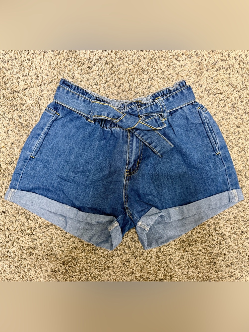 Denim Paperbag Tie-Waist Shorts - Blue Size Small